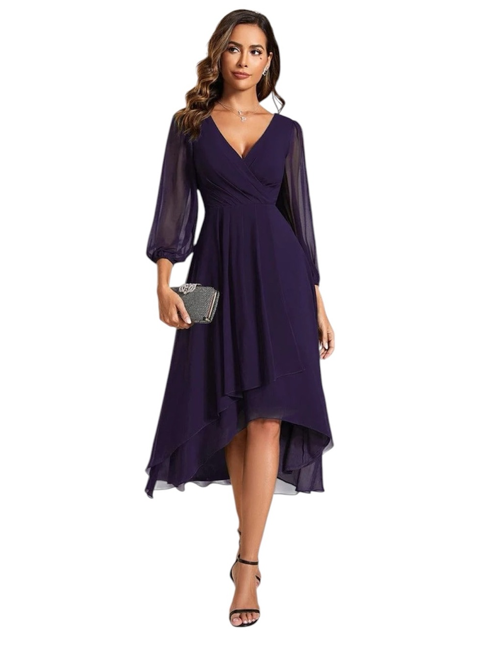 EverPretty 3/4 Sleeve Asymmetrical Hem A-Line Purple Midi Dress- 10